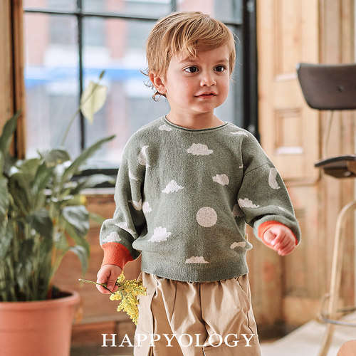 Happyology英国儿童秋冬装新款女童圆领男童针织衫童装毛衣