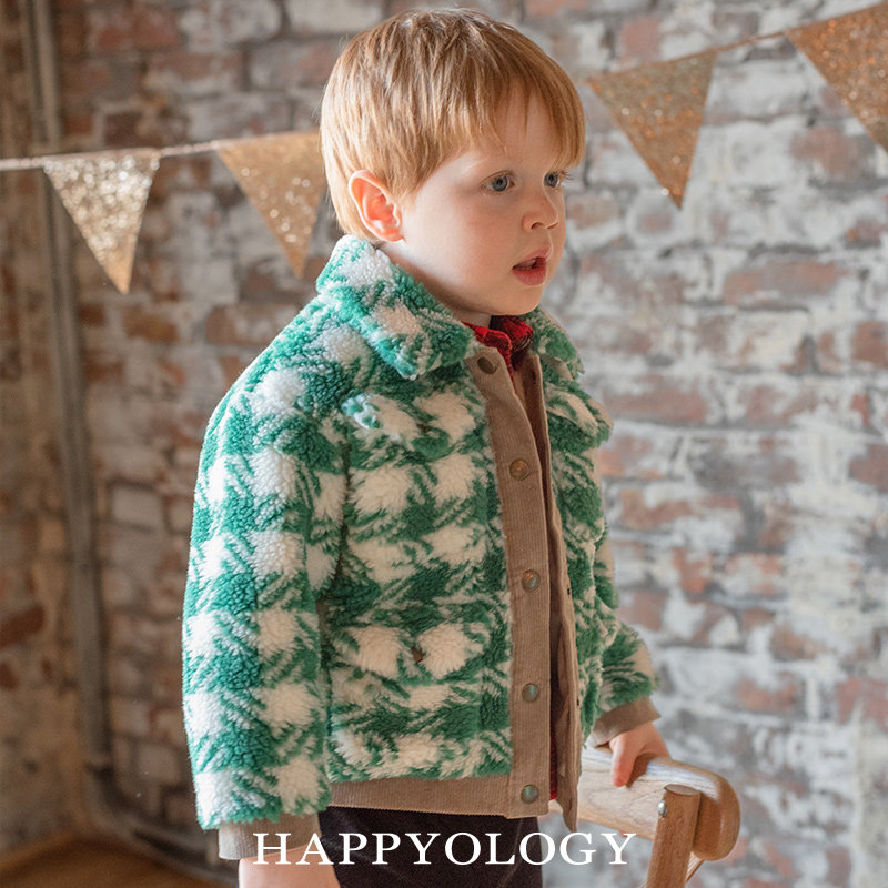 Happyology英国儿童秋冬棉衣撞色羊羔毛上衣男童女童格子保暖外套