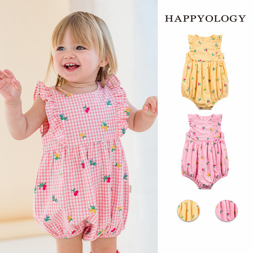 Happyology英国女宝宝夏款满印绣花格纹连体衣裆部开扣飞袖连身衣