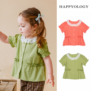 Happyology英国女童上衣刺绣花边翻领木耳边腰节夏季儿童短袖衬衫