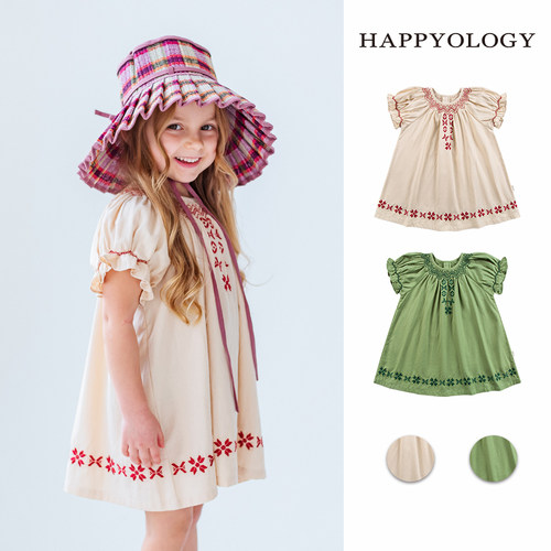 Happyology英国女童夏季司马克梭织连衣裙女宝宝撞色刺绣裙子