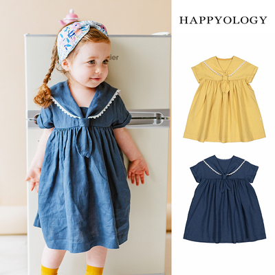 Happyology英国儿童亚麻连衣裙童装短袖春夏装有机棉女童领结裙子
