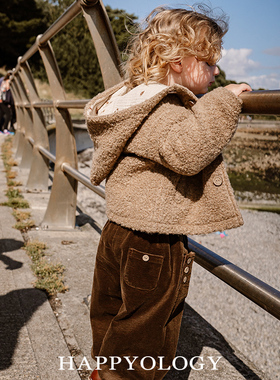 Happyology英国儿童秋冬新款大童连帽童装女童印花男童圈圈绒外套