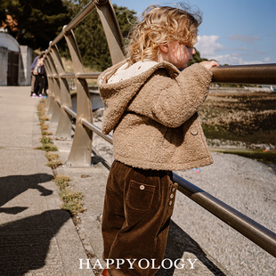 Happyology英国儿童秋冬新款大童连帽童装女童印花男童圈圈绒外套