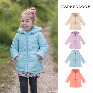 Happyology英国女童中长款90白鸭绒两面穿外套英伦保暖连帽羽绒服