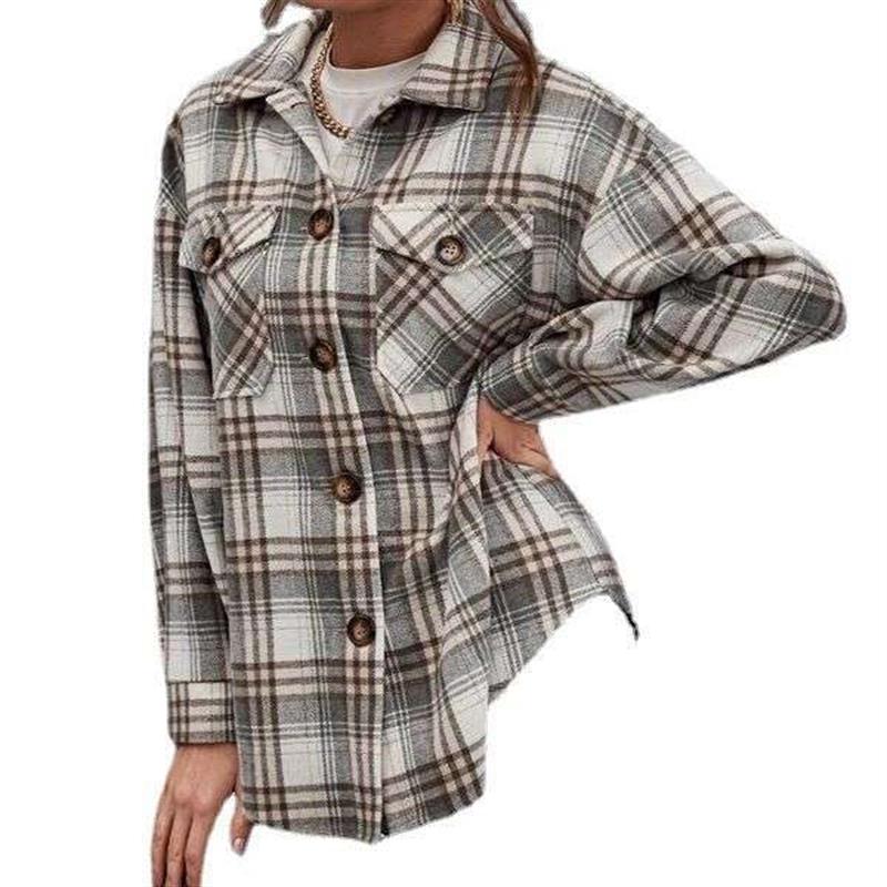 Lapel plaid shirt long sleeve jacket patch pocket casual