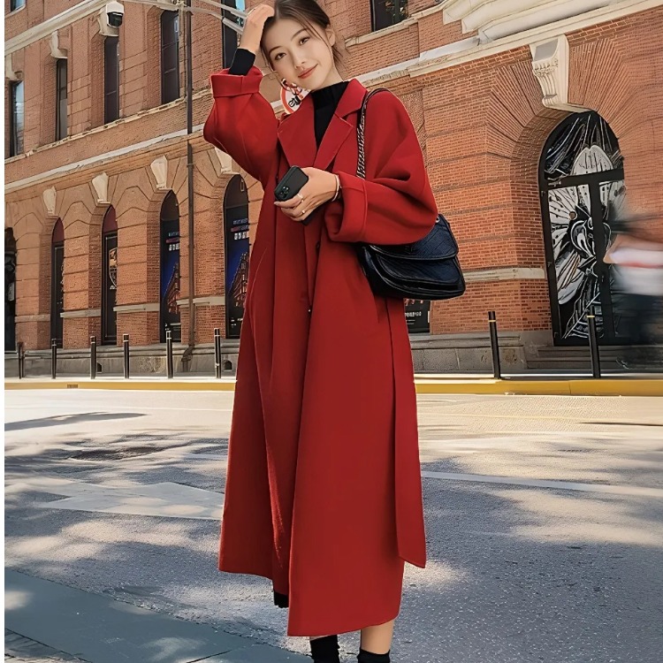 赫本风红色毛呢外套女秋冬中长款2025年新款高级感气质呢子大衣厚