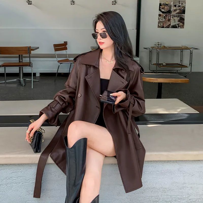 2025美拉德皮风衣外套女秋季美式复古中长款高级感气质PU皮夹克潮