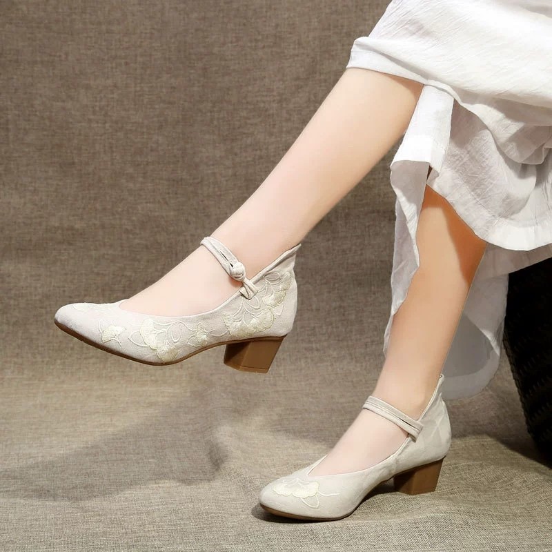 新中式国风复古高跟旗袍女鞋老北京古风茶艺汉服绣花鞋子增高