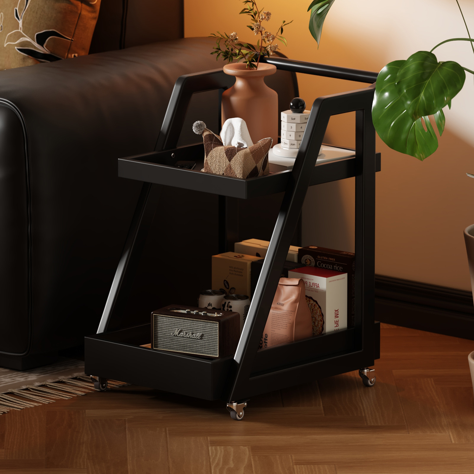 智舍可移动茶几小推车实木置物架