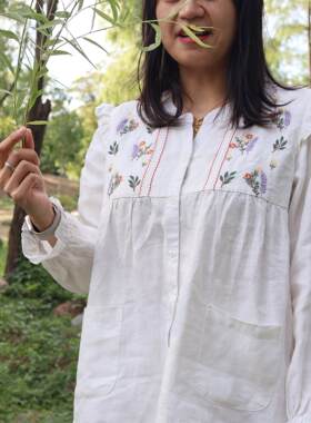 甜美法风雨露亚麻家居服刺绣浪漫