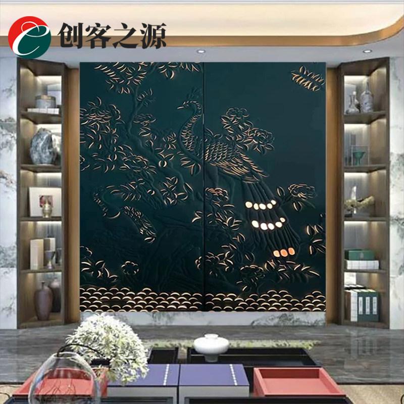新中式皮雕卧室背景墙酒店客房割花3d透光客厅沙发浮雕硬包床头墙
