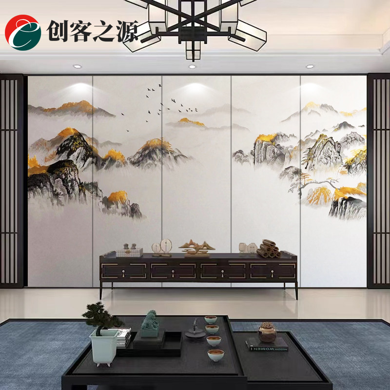 新中式山水刺绣硬包背景墙定制客厅床头沙发主卧软包独绣中式壁画