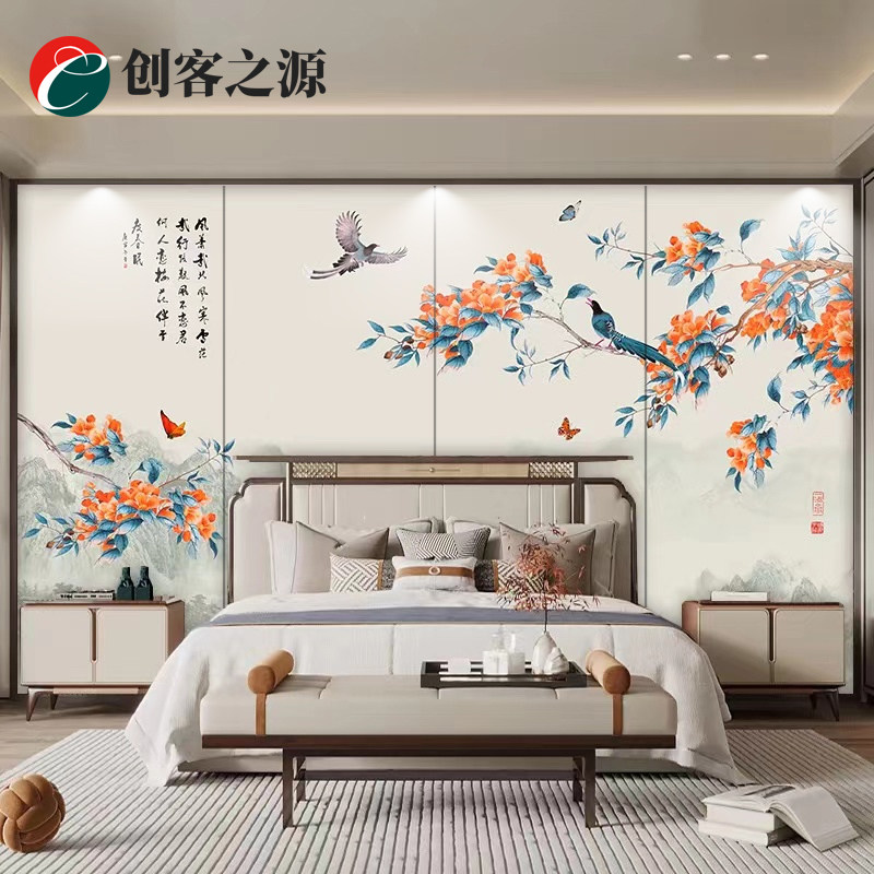 新中式客厅刺绣硬包背景墙电视沙发卧室主卧床头酒店独绣壁画墙布