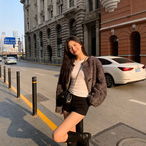 【佩里月光】皮毛一体仿水貂毛皮草外套圆领小个子韩版减龄女装冬