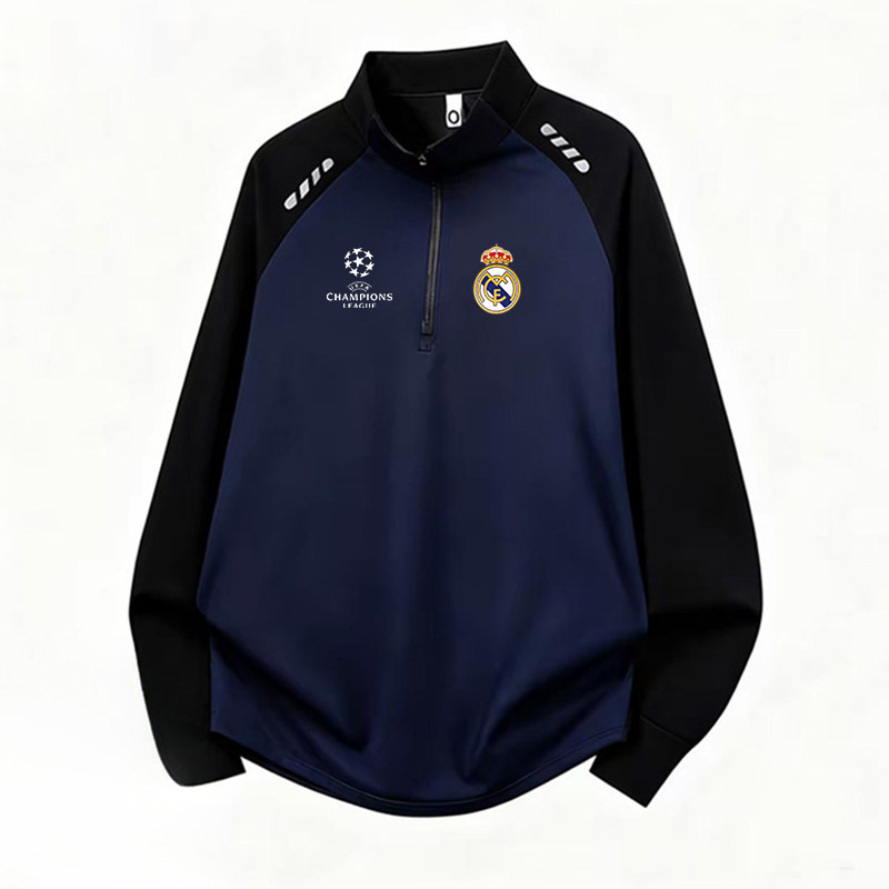 2025皇马曼联巴萨国家队运动拉链长袖男立领透气速干吸汗T恤