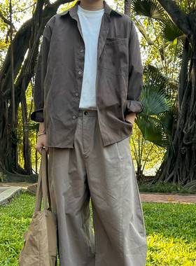 Point lamp秋季美式复古纯色口袋衬衫男潮牌宽松休闲长袖上衣男