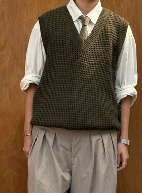 PL日系复古叠穿V领针织马甲男女秋冬潮牌宽松坎肩搭配质感ins背心