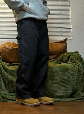 Point lamp秋季美式复古做旧双膝牛仔伐木裤男设计直筒帆布休闲裤