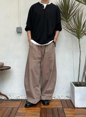 PL秋季日系复古纯色假两件纽扣坠感套头卫衣男女潮牌宽松设计上衣