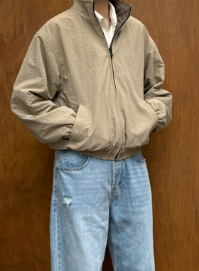 PL日系复古双面穿立领拉链夹克男潮牌宽松休闲百搭质感千鸟格外套