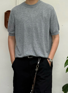 PL夏季老钱风软糯亲肤毛圆领短袖T恤男女潮牌微廓羊毛奢华小领口T