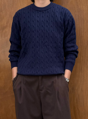 Point lamp日系复古麻花纹圆领套头毛衣男女秋冬休闲质感针织衫