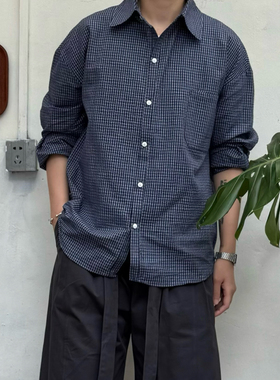 Point lamp日系复古格纹泡泡纱长袖衬衫男女潮牌宽松休闲蓝色衬衣
