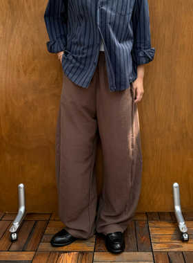 PL日系复古设计感褶皱松紧腰弯刀亚麻裤男潮牌宽松阔腿垂感休闲裤