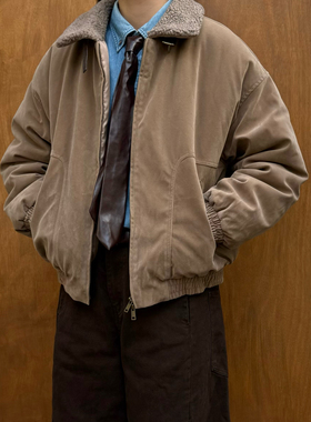 Point lamp日系复古麂皮羊羔绒翻领棉服男女冬季工装加绒棉衣外套