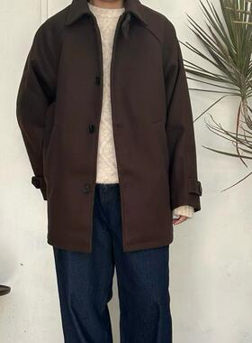 PL秋季日系复古美拉德廓形中长款毛呢大衣男潮牌宽松保暖质感风衣