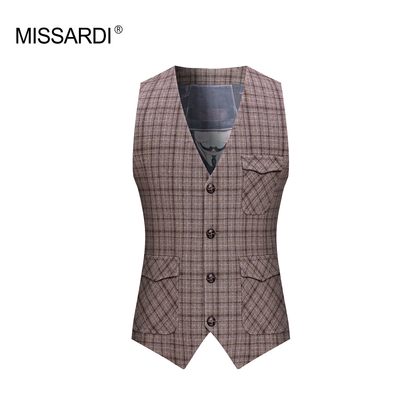 MISSARDI/米纱迪春夏新款羊毛面料咖啡色花呢西装背心时尚马甲男