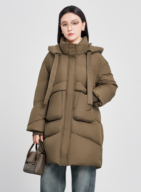 鲁思蒂中长款羽绒服2024年新款女冬季时尚加厚保暖连帽白鸭绒外套