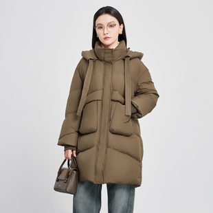 鲁思蒂中长款羽绒服2024年新款女冬季时尚加厚保暖连帽白鸭绒外套