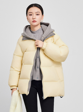 鲁思蒂连帽羽绒服2024新款女冬季气质时尚显瘦加厚保暖白鸭绒外套