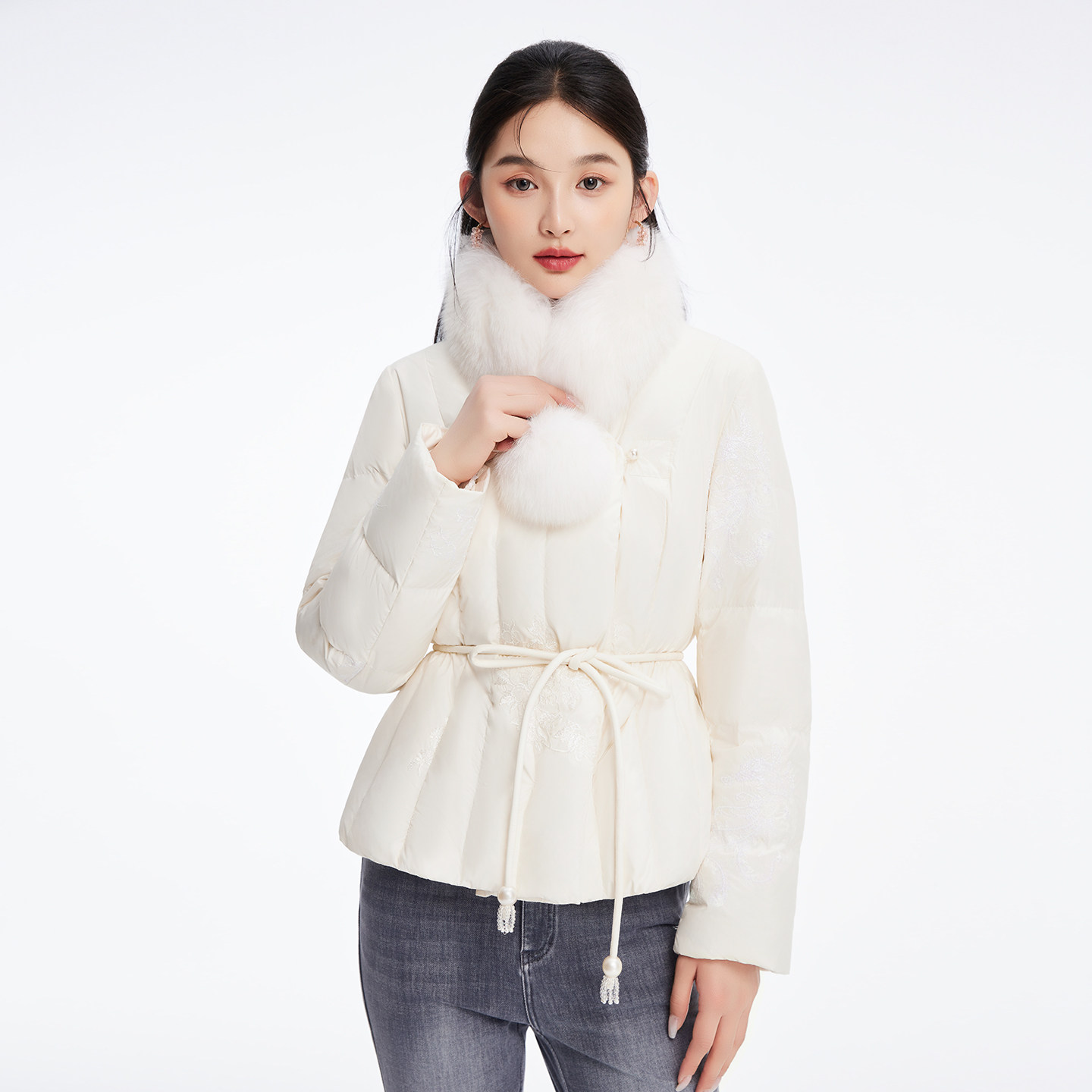 LUCIDY/鲁思蒂毛领羽绒服女款2025冬季新款小个子百搭白鸭绒外套
