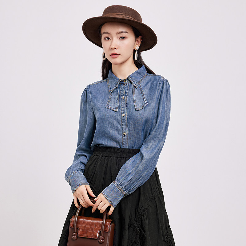 鲁思蒂牛仔长袖衬衫2024新款女春秋小个子时尚休闲设计感小众上衣