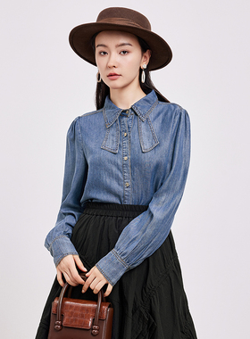 鲁思蒂牛仔长袖衬衫2024新款女春秋小个子时尚休闲设计感小众上衣
