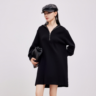 鲁思蒂黑色针织长袖连衣裙2026新款女春秋气质宽松显瘦中长款裙子