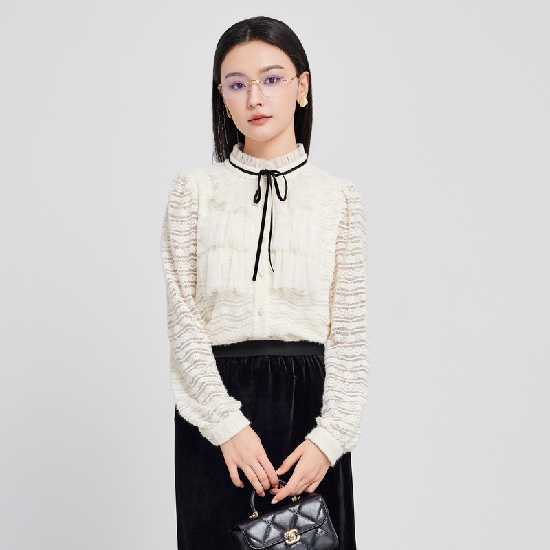 鲁思蒂蕾丝长袖打底衬衫设计感