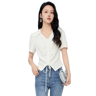 鲁思蒂白色短袖t恤女2026新款夏季小个子V领设计感时尚短款上衣潮
