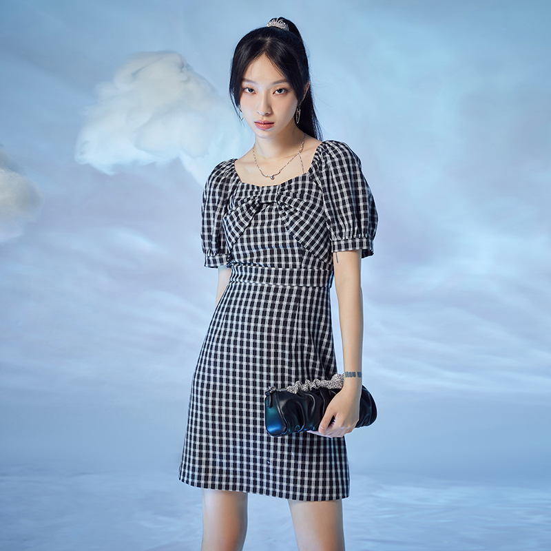 Lucidy/鲁思蒂格子短袖连衣裙女2022夏新品通勤简约高腰套头A字裙