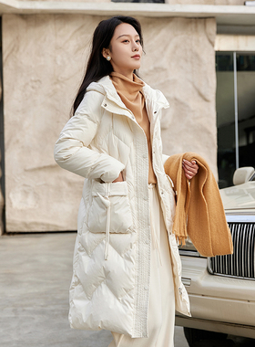 Lucidy/鲁思蒂连帽羽绒服女冬季2024新款长款时尚保暖白鸭绒外套