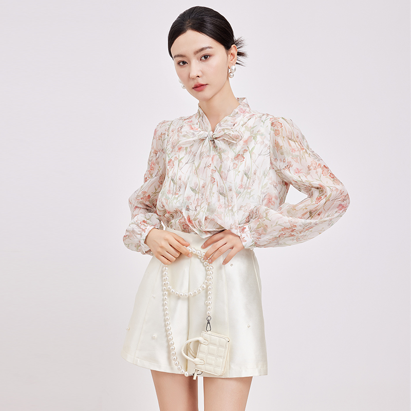 鲁思蒂印花长袖衬衫蝴蝶结领口