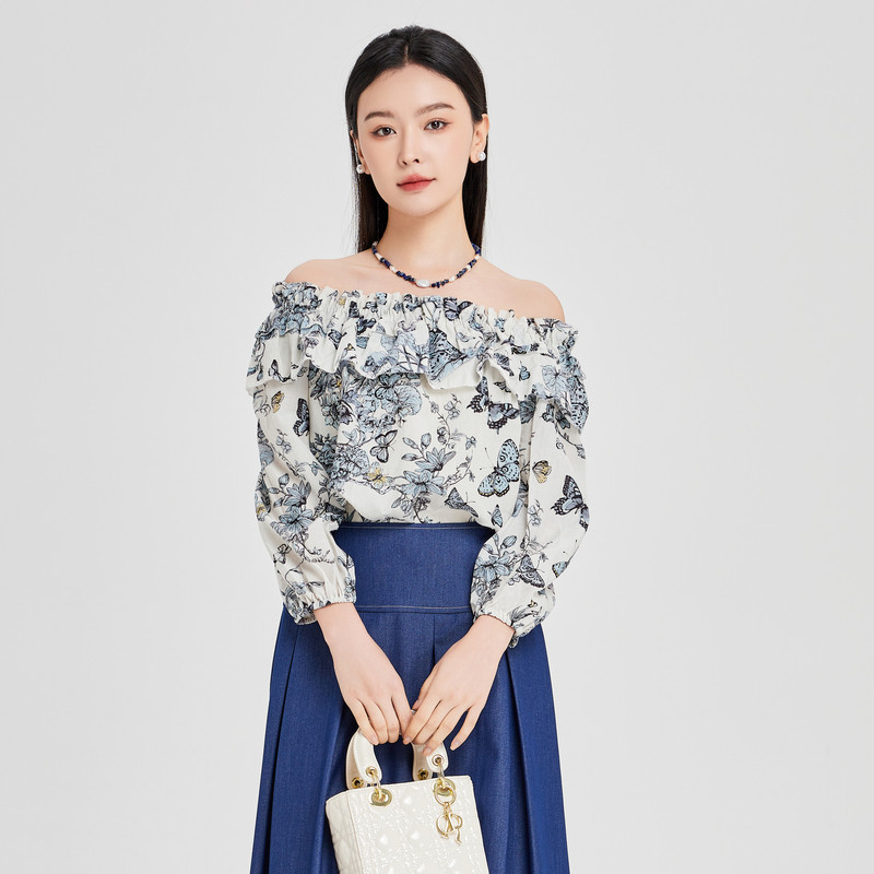 鲁思蒂一字肩长袖套头衬衫