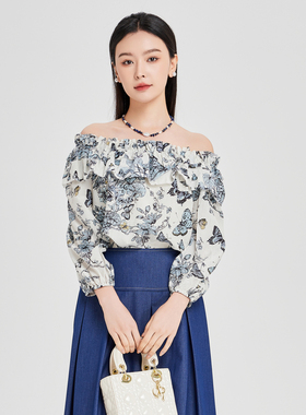 Lucidy/鲁思蒂长袖印花衬衫2025新款女春夏设计感小众一字肩上衣