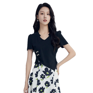 鲁思蒂新中式黑色短袖t恤女2026新款夏季时尚设计感国风短款上衣