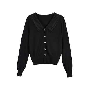 Lucidy/鲁思蒂黑色长袖针织衫外套女2024新款春秋小个子时尚上衣