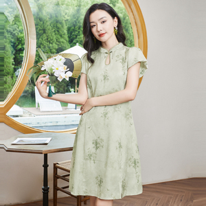 鲁思蒂印花新中式国风短袖连衣裙2024新款女夏小个子气质显瘦裙子