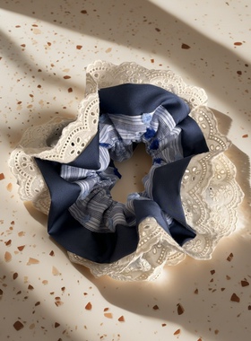 2025新款高端蓝色蕾丝条纹花步边发圈女裙边花苞丸子头发绳头饰子